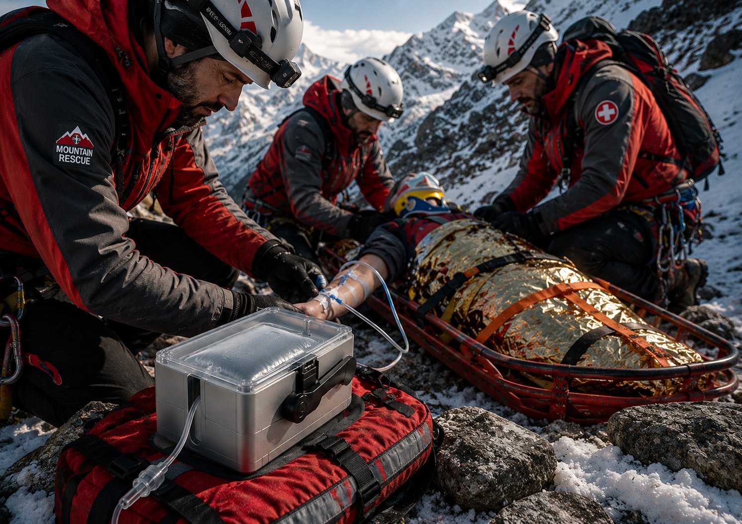 Mountain rescue team performing infusion in austere alpine environment — concept illustration